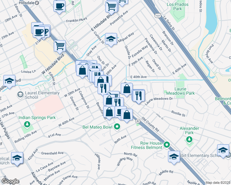 map of restaurants, bars, coffee shops, grocery stores, and more near 36 East 40th Avenue in San Mateo