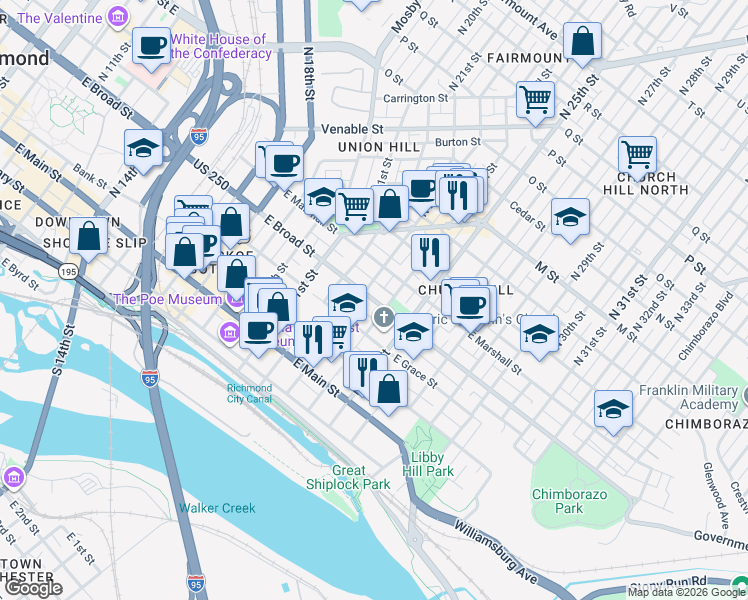 map of restaurants, bars, coffee shops, grocery stores, and more near 316 North 24th Street in Richmond