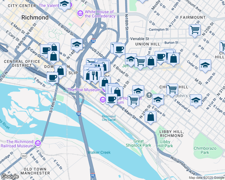 map of restaurants, bars, coffee shops, grocery stores, and more near 1900 East Franklin Street in Richmond