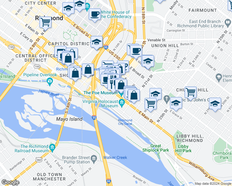 map of restaurants, bars, coffee shops, grocery stores, and more near 1812 East Main Street in Richmond
