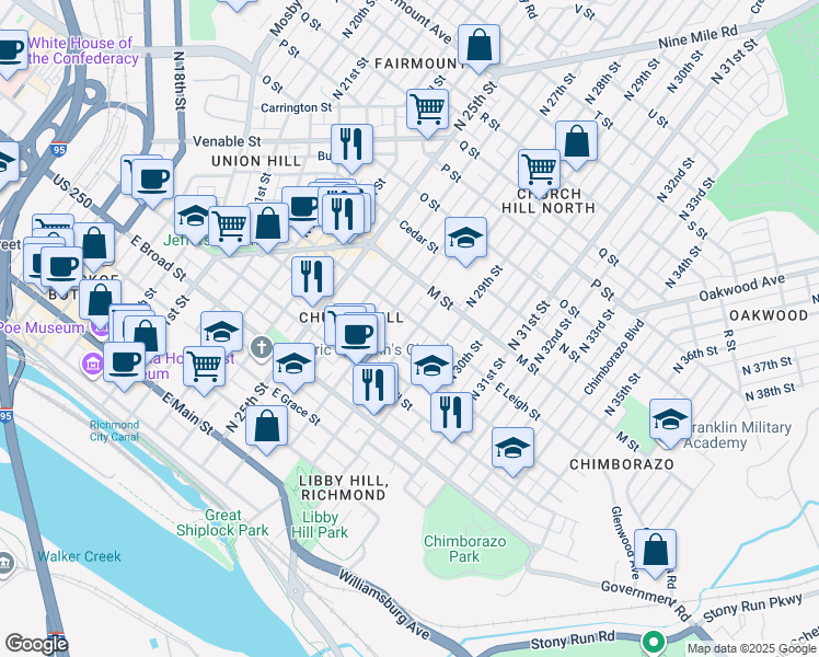 map of restaurants, bars, coffee shops, grocery stores, and more near 516 North 28th Street in Richmond
