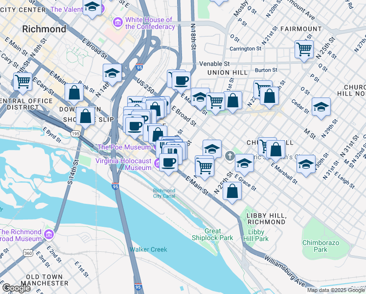 map of restaurants, bars, coffee shops, grocery stores, and more near 2001 East Grace Street in Richmond