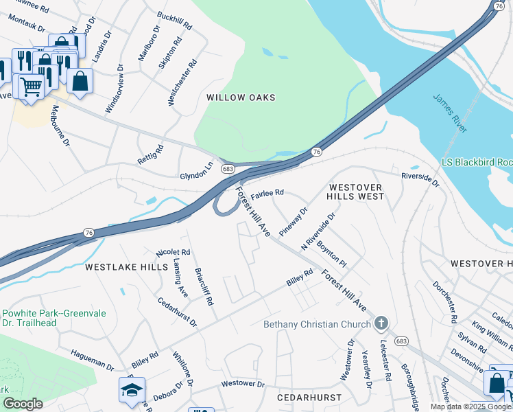 map of restaurants, bars, coffee shops, grocery stores, and more near 5960 Forest Hill Avenue in Richmond