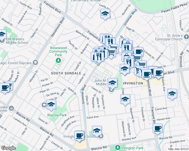 map of restaurants, bars, coffee shops, grocery stores, and more near 40924 Gramercy Terrace in Fremont