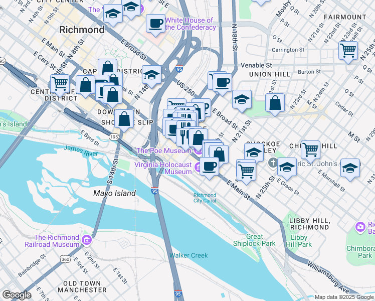 map of restaurants, bars, coffee shops, grocery stores, and more near East Main Street in Richmond
