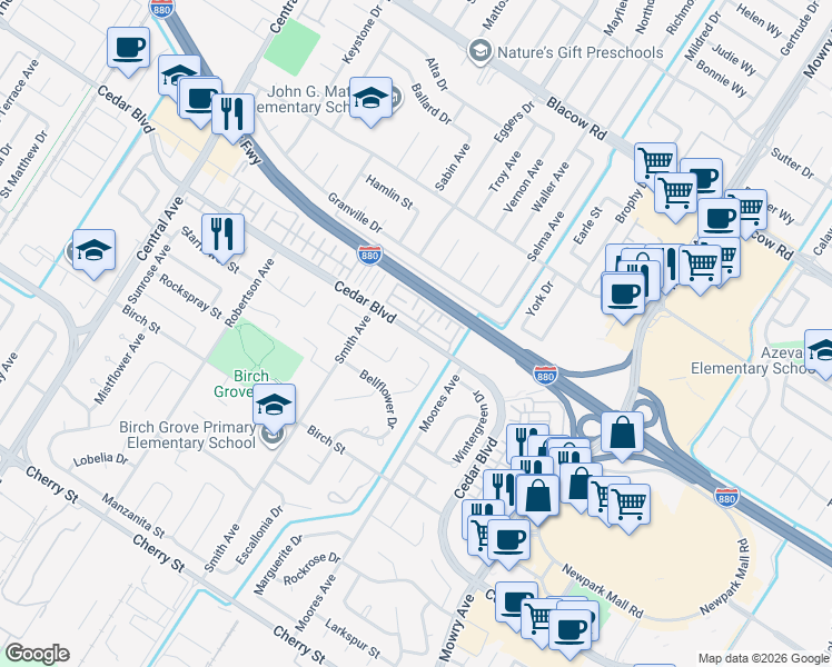 map of restaurants, bars, coffee shops, grocery stores, and more near 38496 Ambrosia Street in Newark