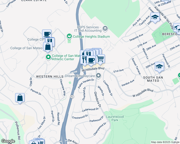 map of restaurants, bars, coffee shops, grocery stores, and more near 3214 Palos Verdes Court in San Mateo