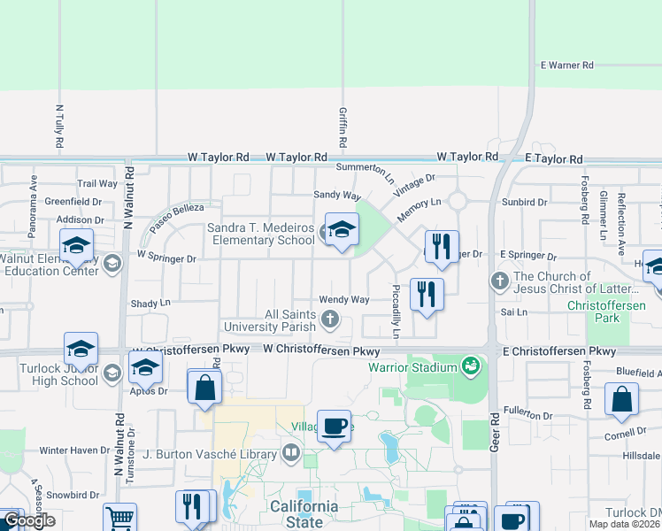 map of restaurants, bars, coffee shops, grocery stores, and more near 651 West Springer Drive in Turlock