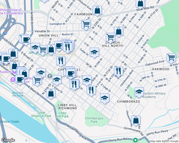 map of restaurants, bars, coffee shops, grocery stores, and more near 612 North 29th Street in Richmond