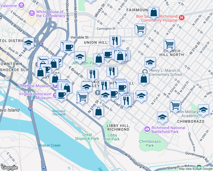 map of restaurants, bars, coffee shops, grocery stores, and more near 322 North 25th Street in Richmond