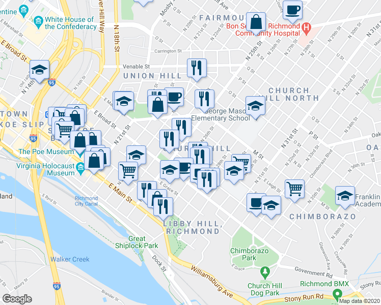 map of restaurants, bars, coffee shops, grocery stores, and more near 414 North 26th Street in Richmond