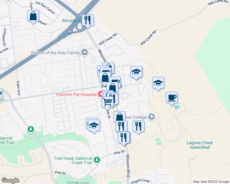 map of restaurants, bars, coffee shops, grocery stores, and more near in Fremont