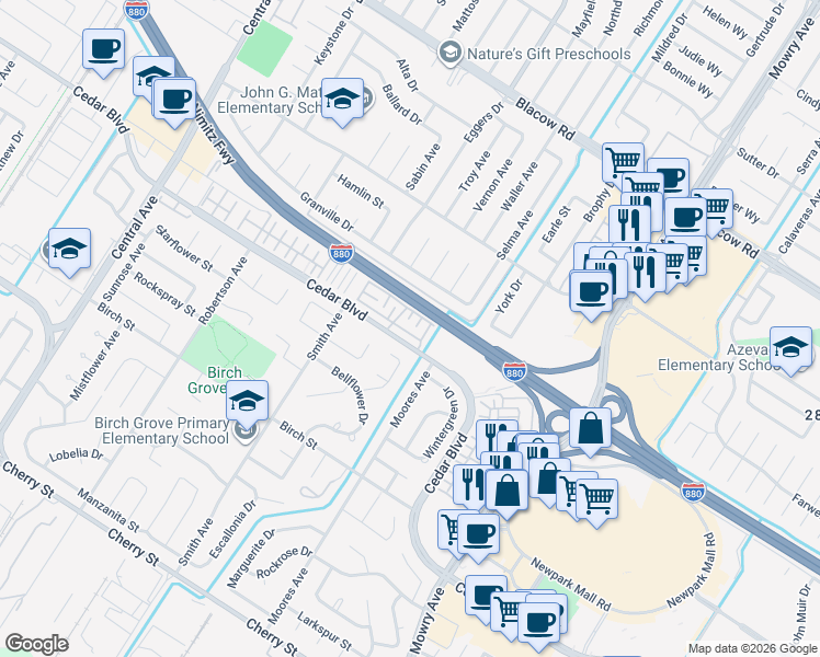 map of restaurants, bars, coffee shops, grocery stores, and more near 38496 Ambrosia Street in Newark