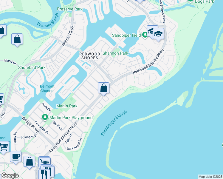 map of restaurants, bars, coffee shops, grocery stores, and more near 29 Barcelona Circle in Redwood City