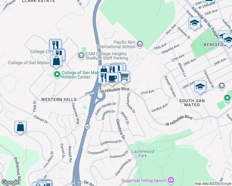 map of restaurants, bars, coffee shops, grocery stores, and more near 1206 West Hillsdale Boulevard in San Mateo