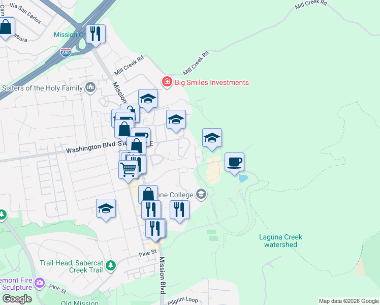 map of restaurants, bars, coffee shops, grocery stores, and more near 43326 Mission Boulevard in Fremont
