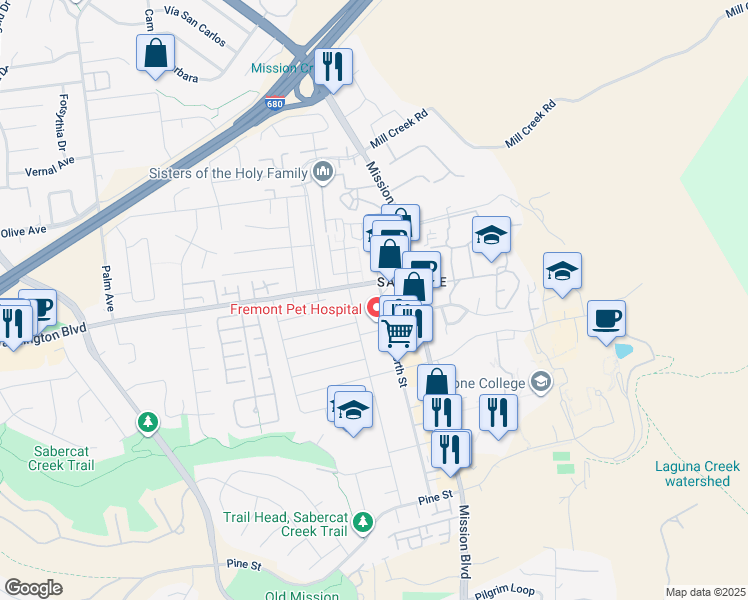map of restaurants, bars, coffee shops, grocery stores, and more near 155 Washington Boulevard in Fremont