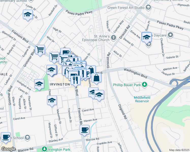 map of restaurants, bars, coffee shops, grocery stores, and more near 3741 Washington Boulevard in Fremont