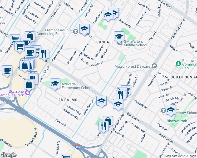 map of restaurants, bars, coffee shops, grocery stores, and more near 39636 Bliss Court in Fremont