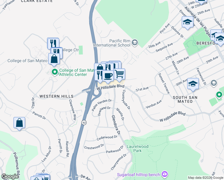 map of restaurants, bars, coffee shops, grocery stores, and more near 1206 West Hillsdale Boulevard in San Mateo