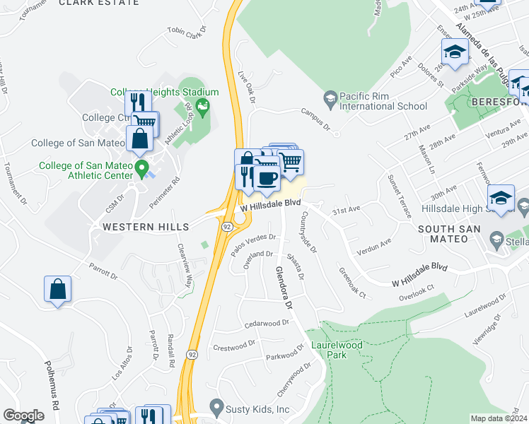 map of restaurants, bars, coffee shops, grocery stores, and more near 1400 West Hillsdale Boulevard in San Mateo
