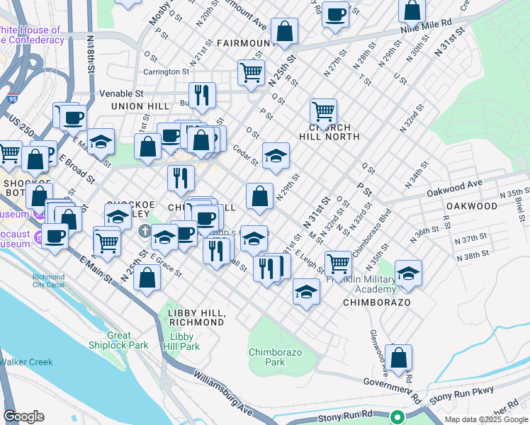 map of restaurants, bars, coffee shops, grocery stores, and more near 2825 M Street in Richmond