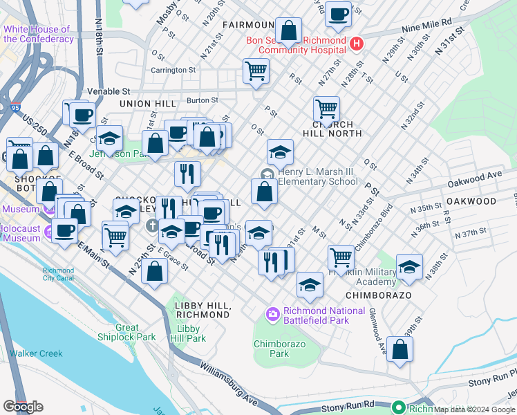 map of restaurants, bars, coffee shops, grocery stores, and more near 608 North 28th Street in Richmond