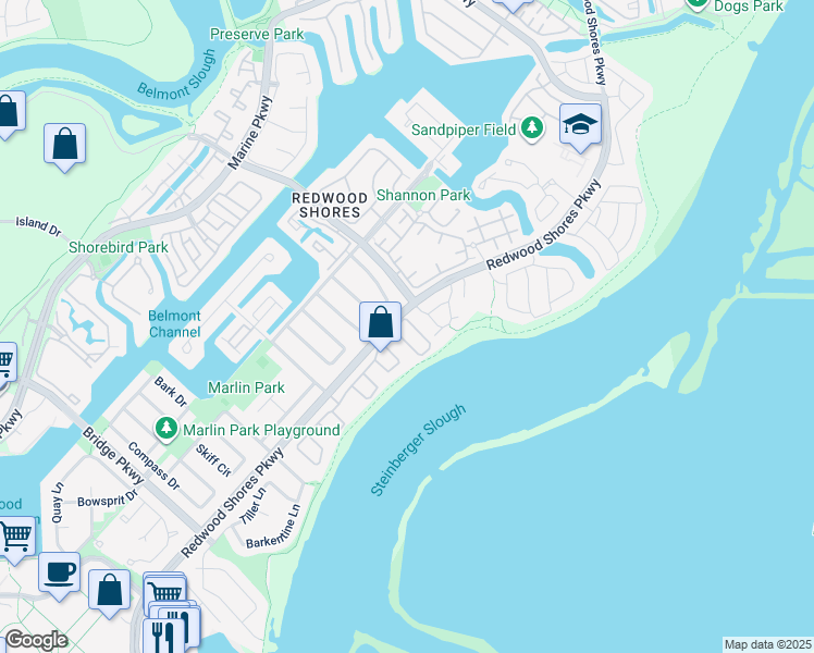 map of restaurants, bars, coffee shops, grocery stores, and more near 29 Barcelona Circle in Redwood City