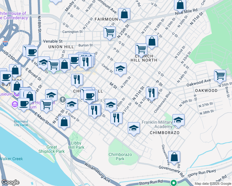map of restaurants, bars, coffee shops, grocery stores, and more near 2825 M Street in Richmond