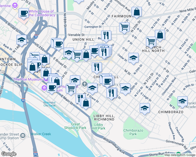 map of restaurants, bars, coffee shops, grocery stores, and more near 404 North 25th Street in Richmond
