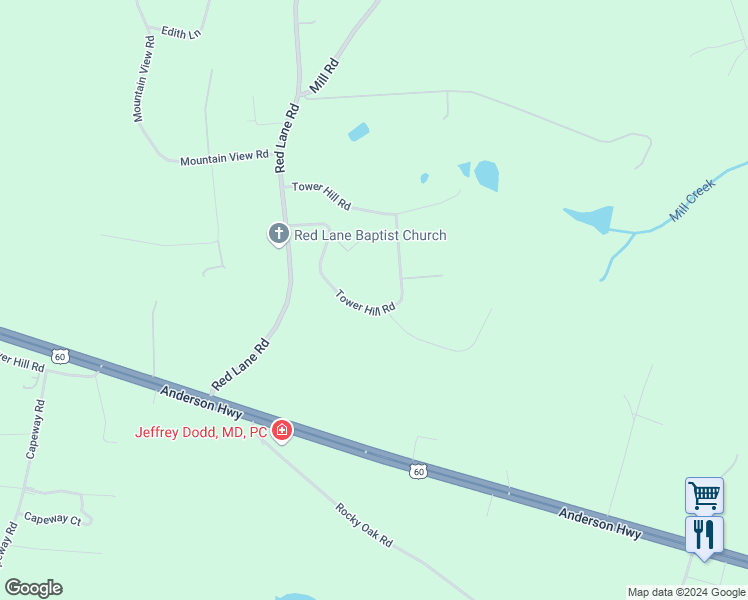 map of restaurants, bars, coffee shops, grocery stores, and more near 2139 Tower Hill Road in Powhatan