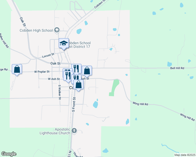 map of restaurants, bars, coffee shops, grocery stores, and more near 300 East Ash Street in Cobden