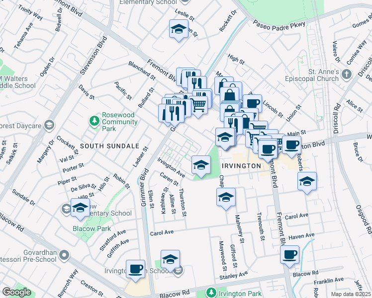 map of restaurants, bars, coffee shops, grocery stores, and more near 4214 Providence Terrace in Fremont