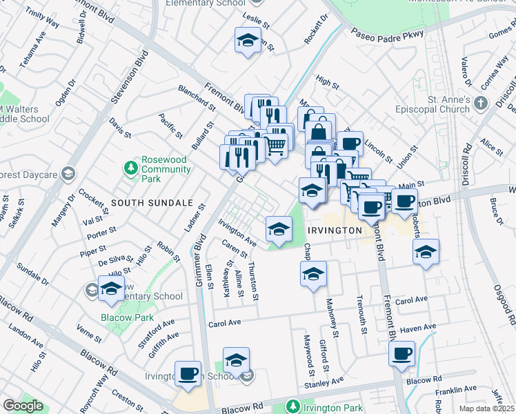 map of restaurants, bars, coffee shops, grocery stores, and more near 4214 Providence Terrace in Fremont