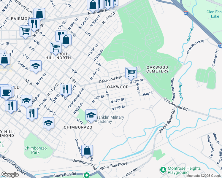 map of restaurants, bars, coffee shops, grocery stores, and more near 1211 North 35th Street in Richmond