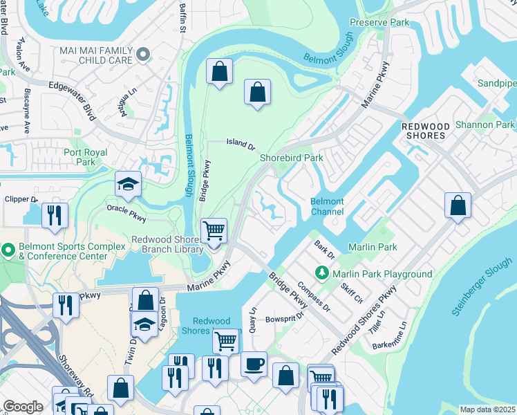map of restaurants, bars, coffee shops, grocery stores, and more near 213 Shorebird Circle in Redwood City