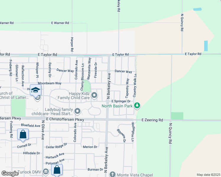 map of restaurants, bars, coffee shops, grocery stores, and more near 4300 North Berkeley Avenue in Turlock