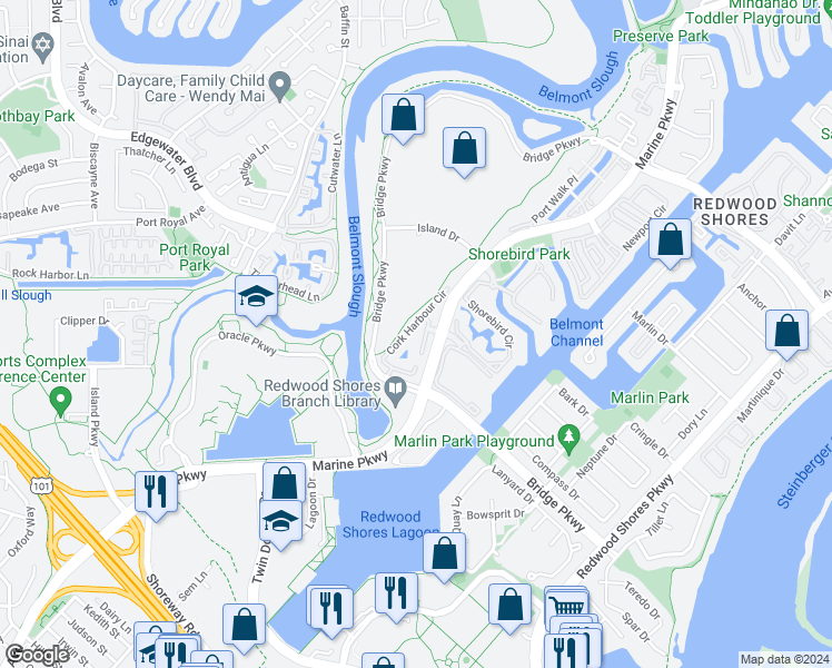 map of restaurants, bars, coffee shops, grocery stores, and more near 453 Cork Harbour Circle in Redwood City