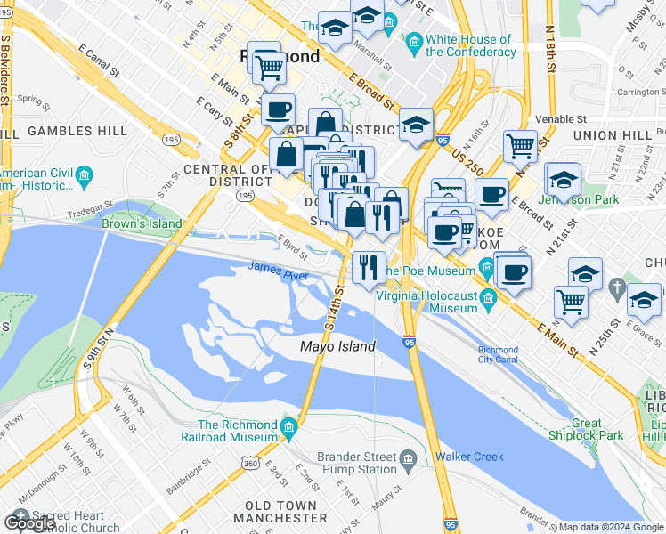 map of restaurants, bars, coffee shops, grocery stores, and more near 200 South 14th Street in Richmond