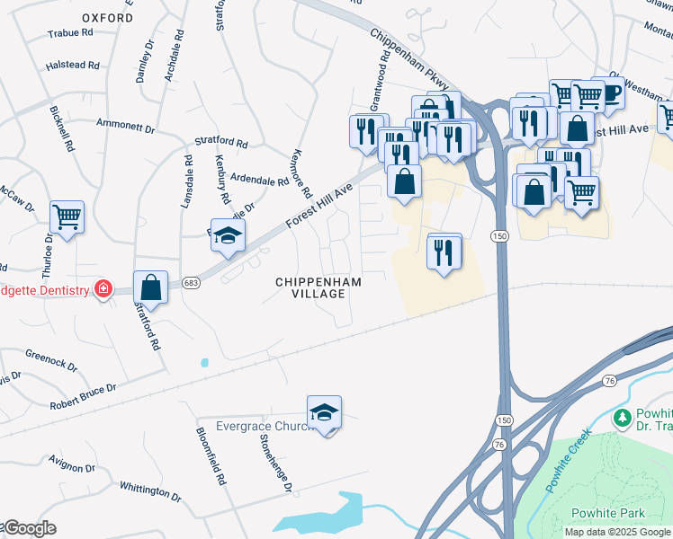 map of restaurants, bars, coffee shops, grocery stores, and more near 2511 South Kenmore Road in Richmond