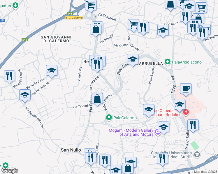 map of restaurants, bars, coffee shops, grocery stores, and more near 258 Via Galermo in Catania