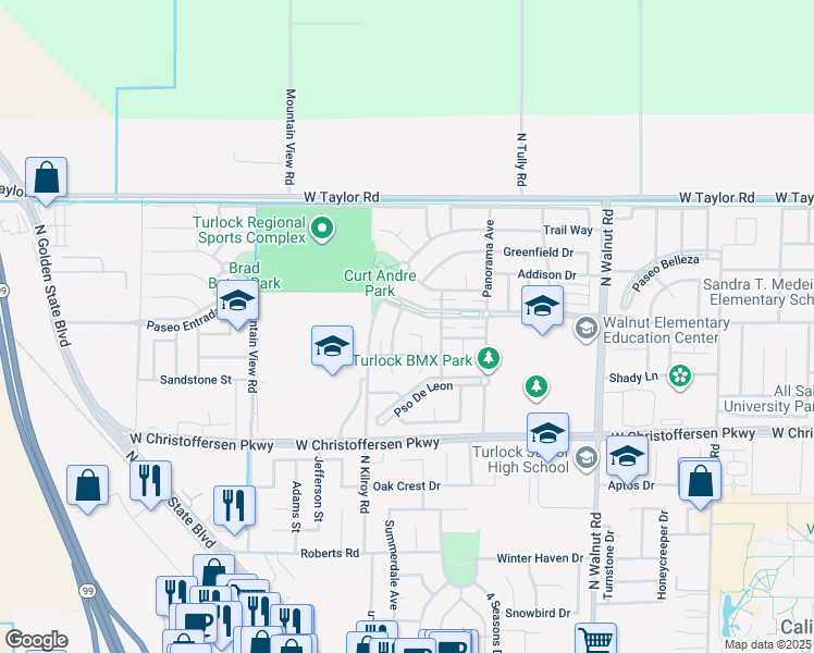 map of restaurants, bars, coffee shops, grocery stores, and more near 2480 Paseo Del Sol in Turlock