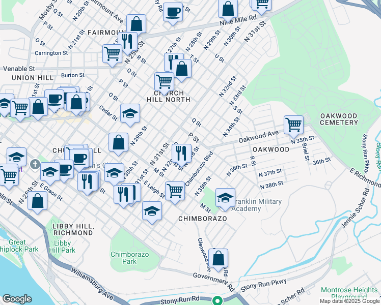 map of restaurants, bars, coffee shops, grocery stores, and more near 3218 O Street in Richmond