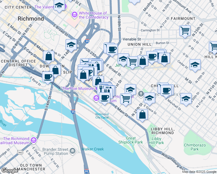 map of restaurants, bars, coffee shops, grocery stores, and more near 2001 East Grace Street in Richmond