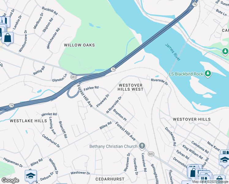 map of restaurants, bars, coffee shops, grocery stores, and more near 2413 Pineway Drive in Richmond