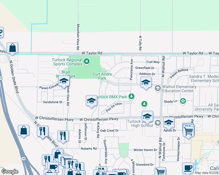 map of restaurants, bars, coffee shops, grocery stores, and more near 2480 Paseo Del Sol in Turlock