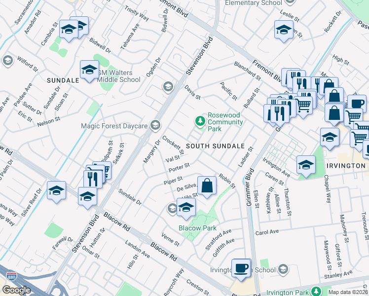 map of restaurants, bars, coffee shops, grocery stores, and more near 40227 Laiolo Road in Fremont