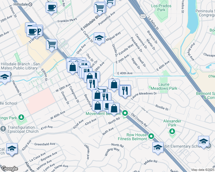 map of restaurants, bars, coffee shops, grocery stores, and more near 36 East 40th Avenue in San Mateo