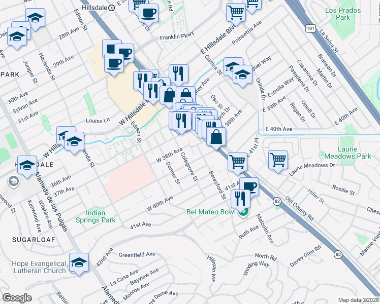 map of restaurants, bars, coffee shops, grocery stores, and more near 3802 King Lane in San Mateo