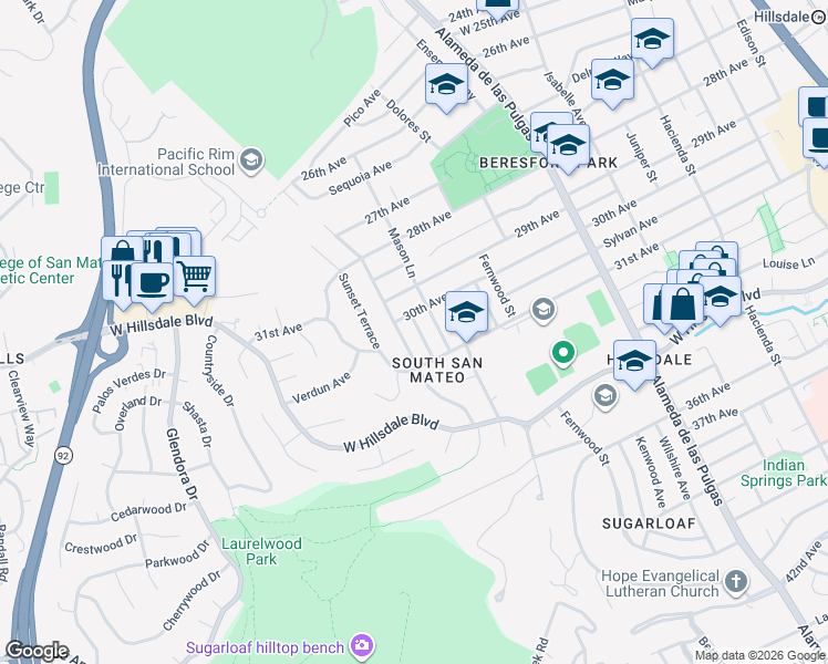 map of restaurants, bars, coffee shops, grocery stores, and more near 3004 Del Ray Street in San Mateo